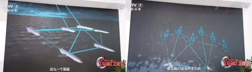 Screenshots of AVIC promotional video showing air-dropped intelligent decoys in a coordinated flight pattern simulating electromagnetic signatures of fighter aircraft to deceive enemy air defenses.