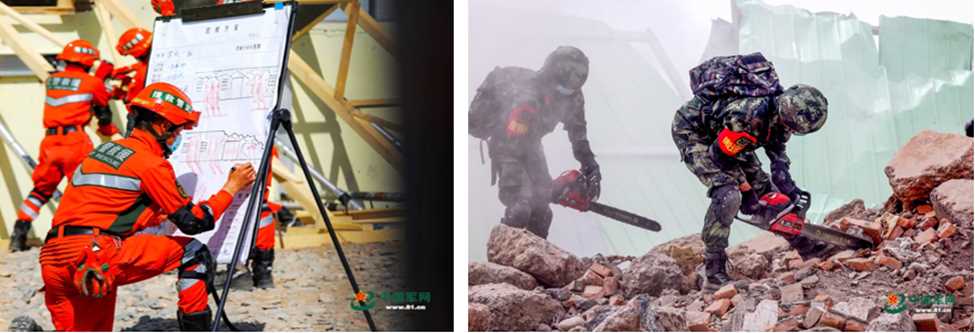 Left: PAP Gansu Corps rescue element commander designs a rescue plan. Right: “Troops from the PAP Gansu Zongdui Zhangye Detachment troops chainsaw through rubble.” 