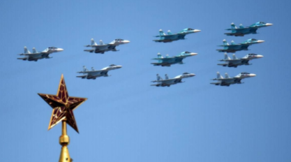 Military parade on Red Square in Moscow on June 24, 2020. Jets flying overhead